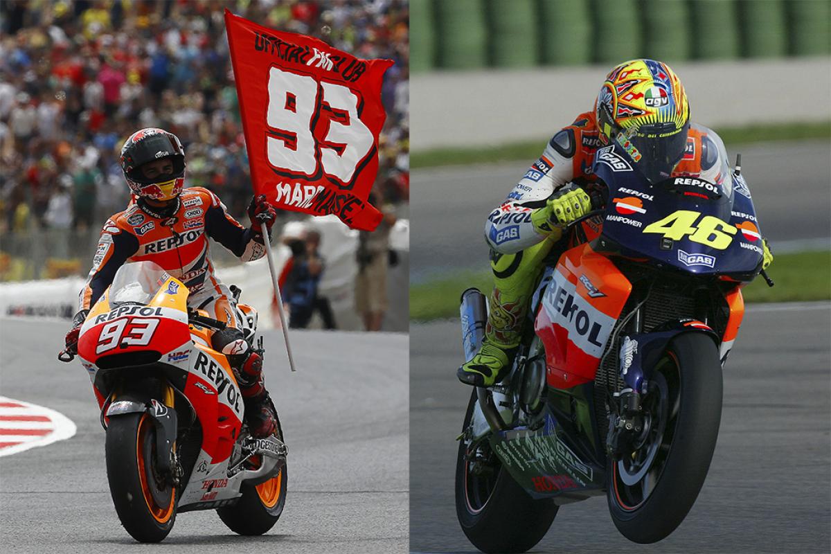 Marc Márquez y Valentino Rossi ganando con Honda